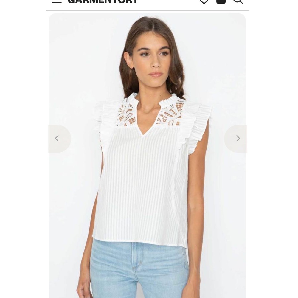 Caballero White Tonal Stripe Eyelet Lace Ruffle Sleeve Cotton Blouse Small